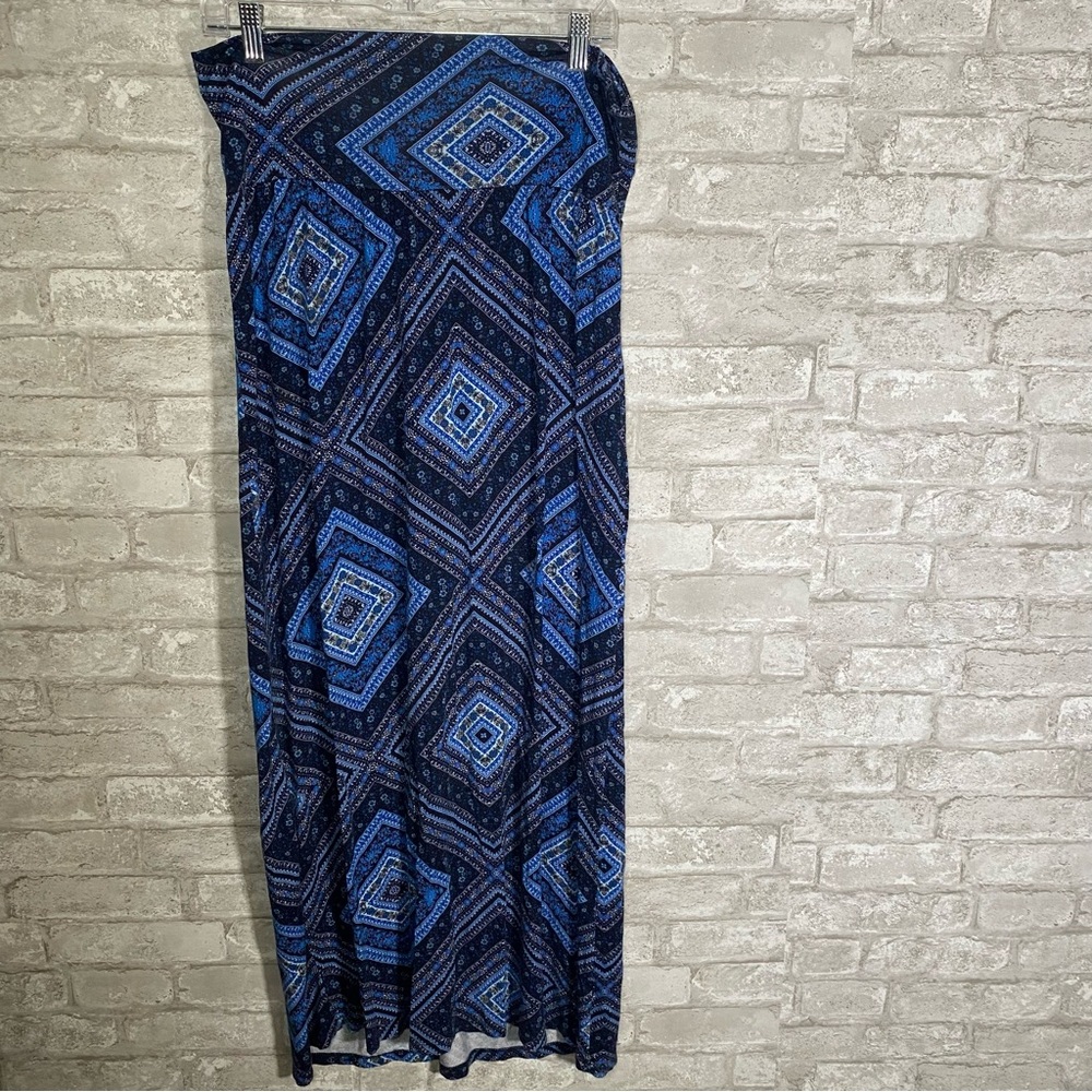Blue Geometric Maxi Skirt - Women's Printed Stretch Skirt size XL made in USA